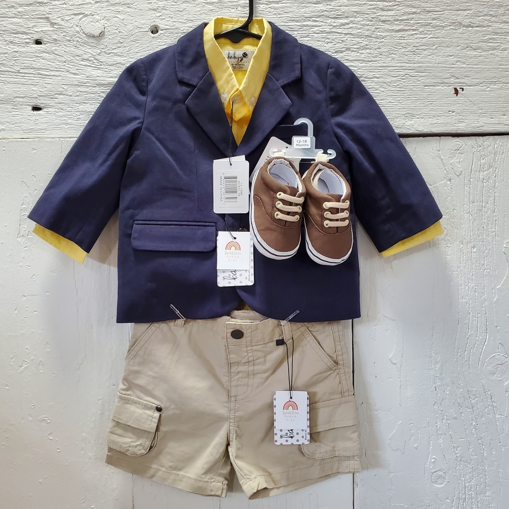 Kids Navy Sports Jacket Yellow Button Up Onsie Khaki Cargo Shorts Brown Shoes.